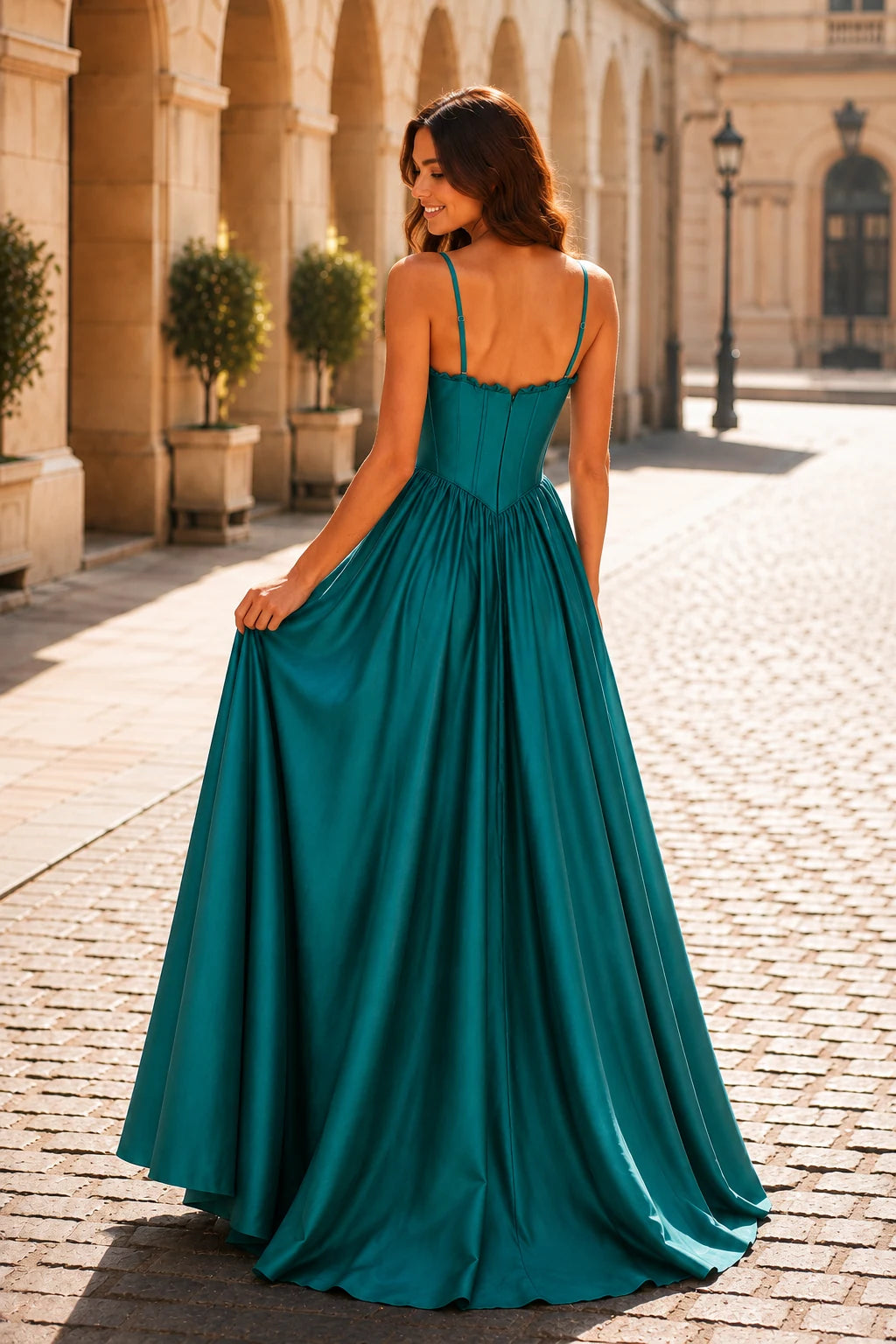 Anastasia Spaghetti-Strap Corset Ball Gown Prom Dress in Turquoise Teal, back view