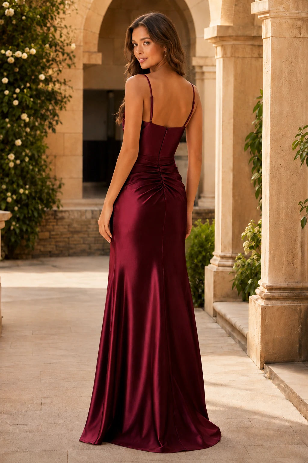 Genevieve Corset Satin Mermaid Prom Dress with Slit in Burgundy, back view