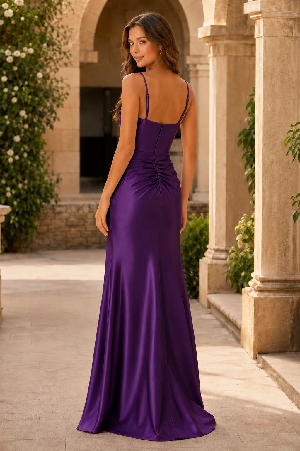 Genevieve Corset Satin Mermaid Prom Dress with Slit in Gemstone Purple, back view