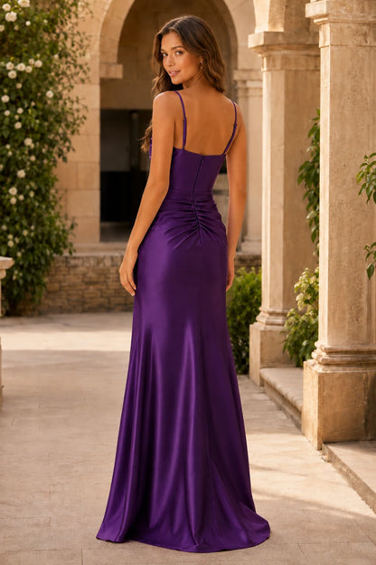 Genevieve Corset Satin Mermaid Prom Dress with Slit in Gemstone Purple, back view