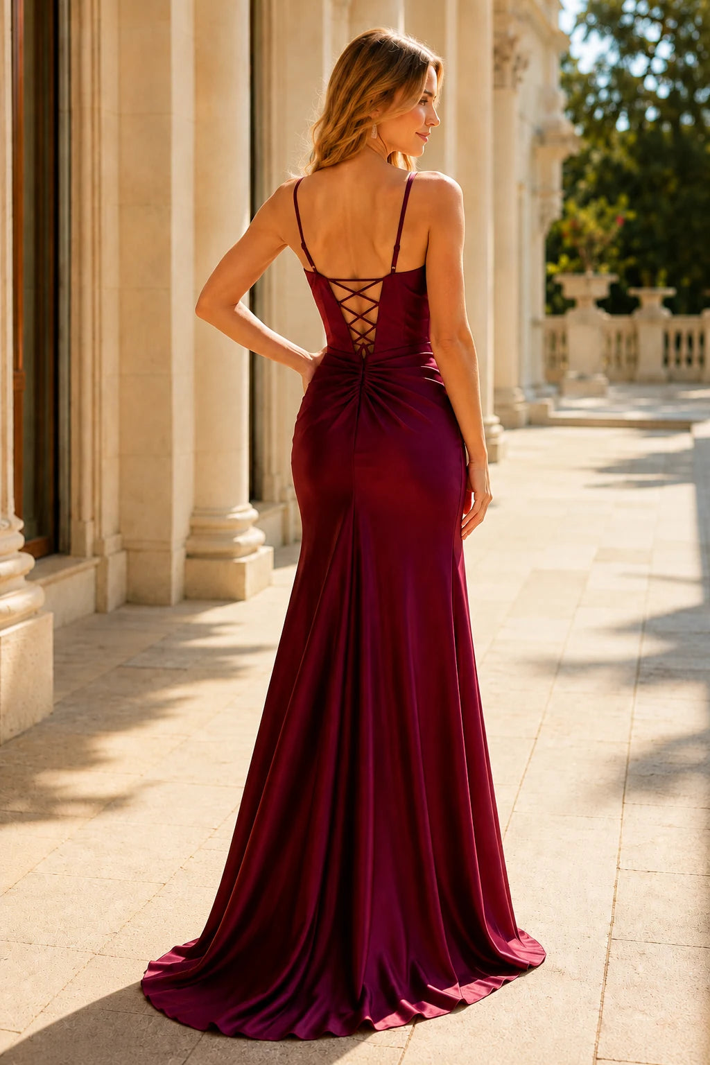 Juliette Corset Spaghetti-Strap Mermaid Prom Dress with Slit in Burgundy, back view