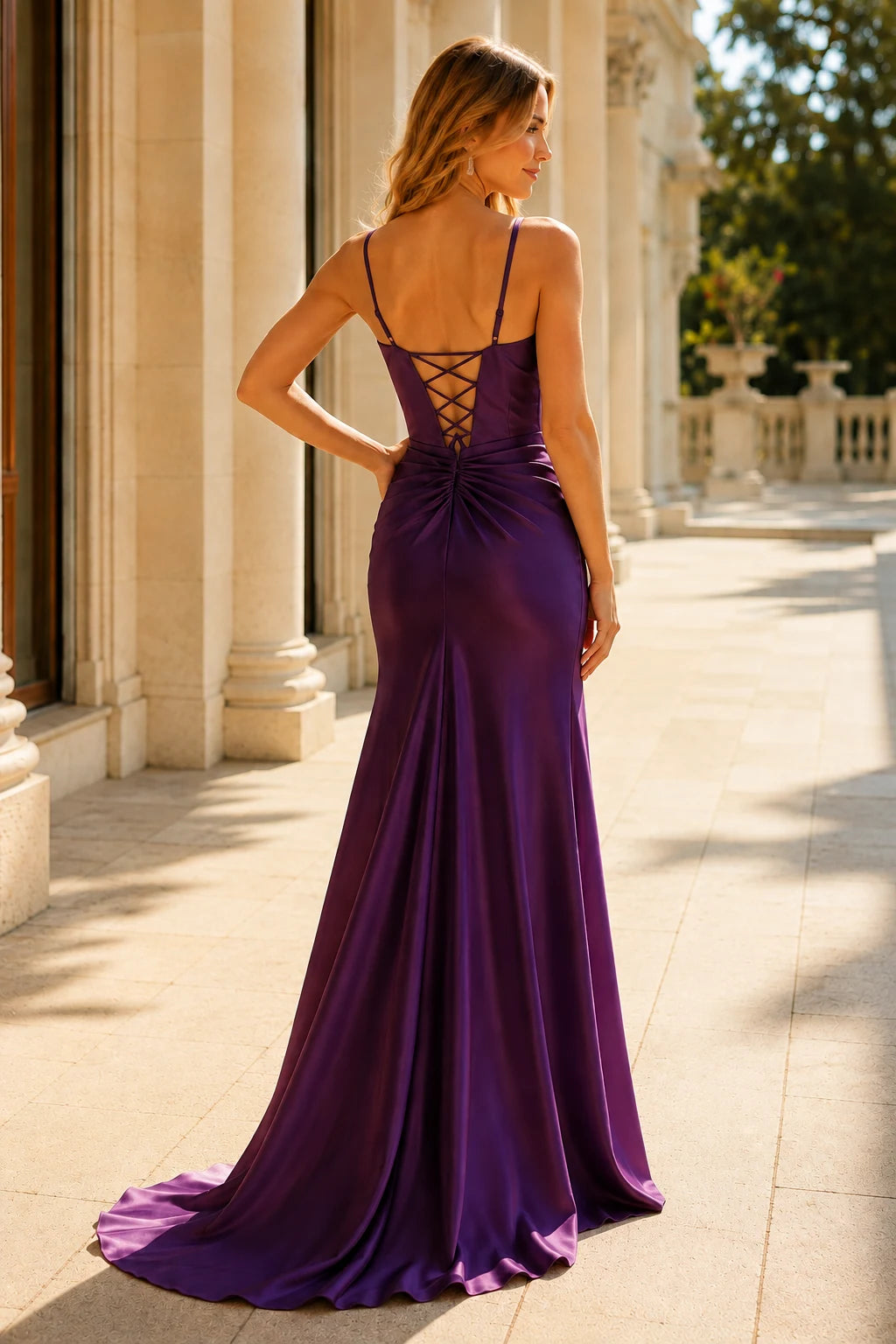 Juliette Corset Spaghetti-Strap Mermaid Prom Dress with Slit in Gemstone Purple, back view