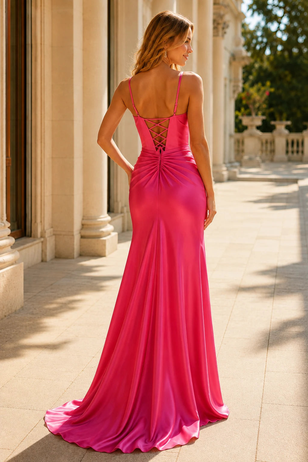 Juliette Corset Spaghetti-Strap Mermaid Prom Dress with Slit in Hot Pink, back view