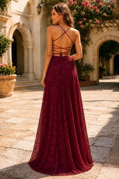 Cordelia Lace Corset Spaghetti-Strap Prom Dress in Burgundy, back view