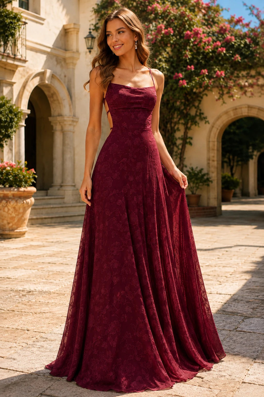 Cordelia Lace Corset Spaghetti-Strap Prom Dress in Burgundy, front view