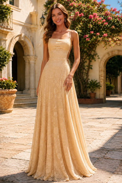 Cordelia Lace Corset Spaghetti-Strap Prom Dress in Champagne Gold, front view