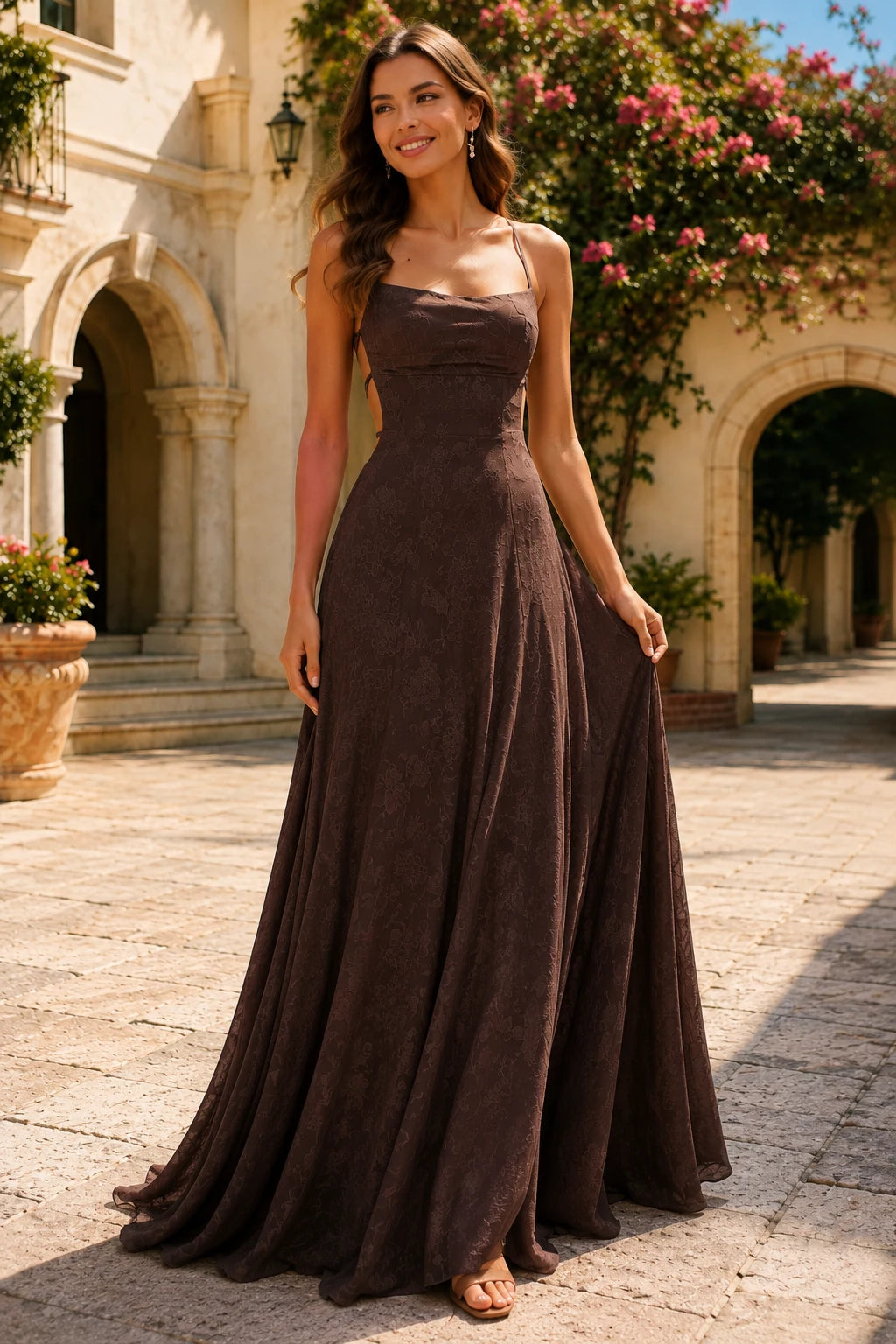 Cordelia Lace Corset Spaghetti-Strap Prom Dress in Chocolate Brown, front view