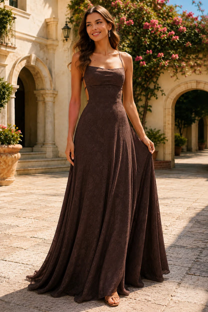 Cordelia Lace Corset Spaghetti-Strap Prom Dress in Chocolate Brown, front view