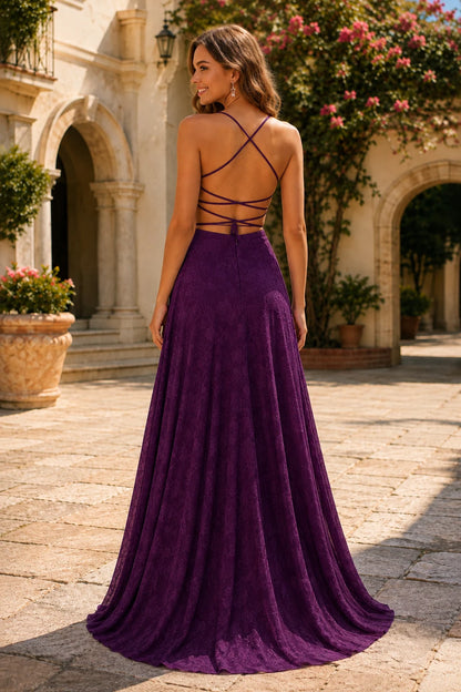 Cordelia Lace Corset Spaghetti-Strap Prom Dress in Gemstone Purple, back view