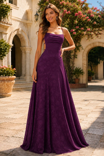 Cordelia Lace Corset Spaghetti-Strap Prom Dress in Gemstone Purple, front view