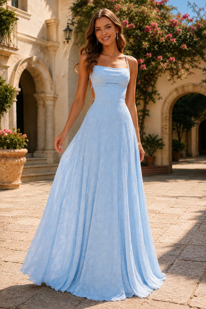 Cordelia Lace Corset Spaghetti-Strap Prom Dress in Light Blue, front view