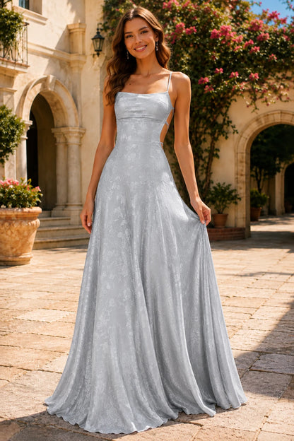 Cordelia Lace Corset Spaghetti-Strap Prom Dress in Metallic Silver, front view