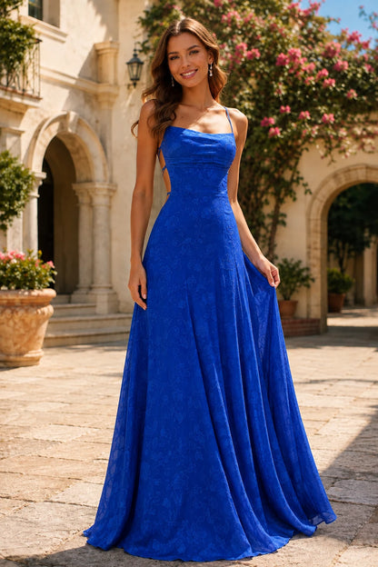 Cordelia Lace Corset Spaghetti-Strap Prom Dress in Royal Blue, front view