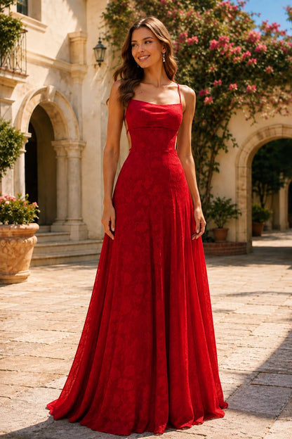 Cordelia Lace Corset Spaghetti-Strap Prom Dress in True Red, front view