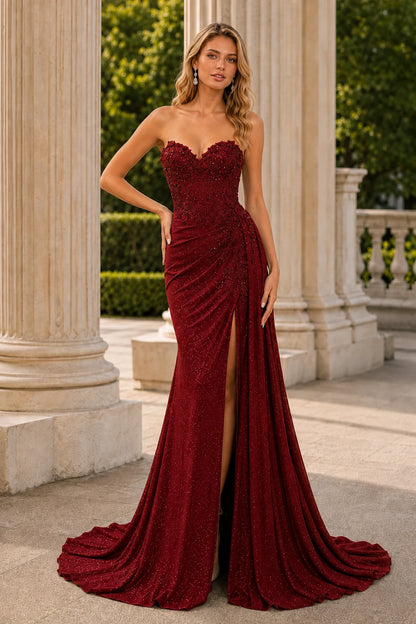 Mirabelle Strapless Corset Mermaid Prom Dress with Slit in Burgundy, front view