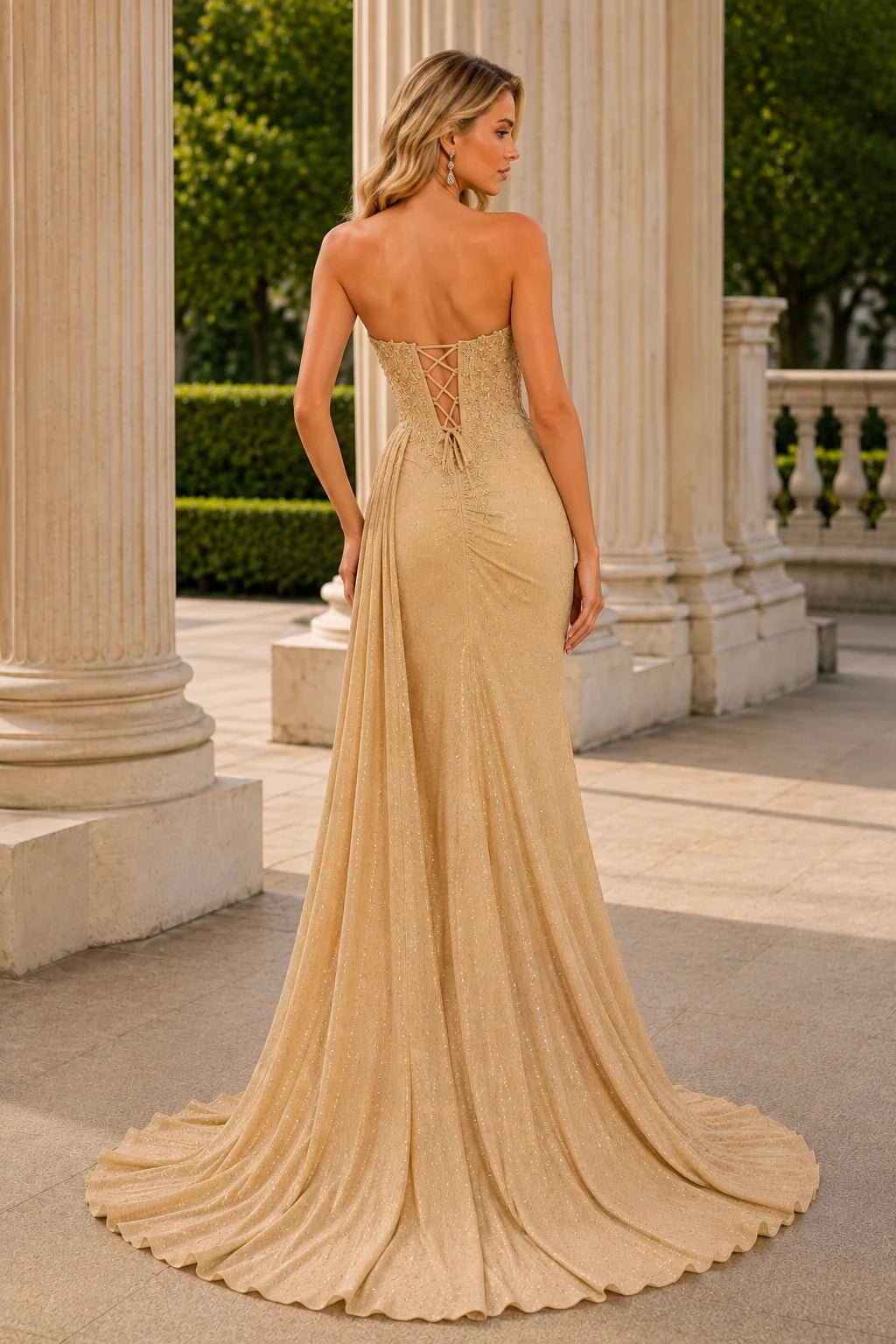 Mirabelle Strapless Corset Mermaid Prom Dress with Slit in Champagne Gold, back view