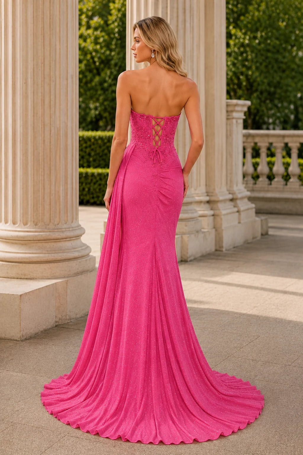 Mirabelle Strapless Corset Mermaid Prom Dress with Slit in Hot Pink, back view
