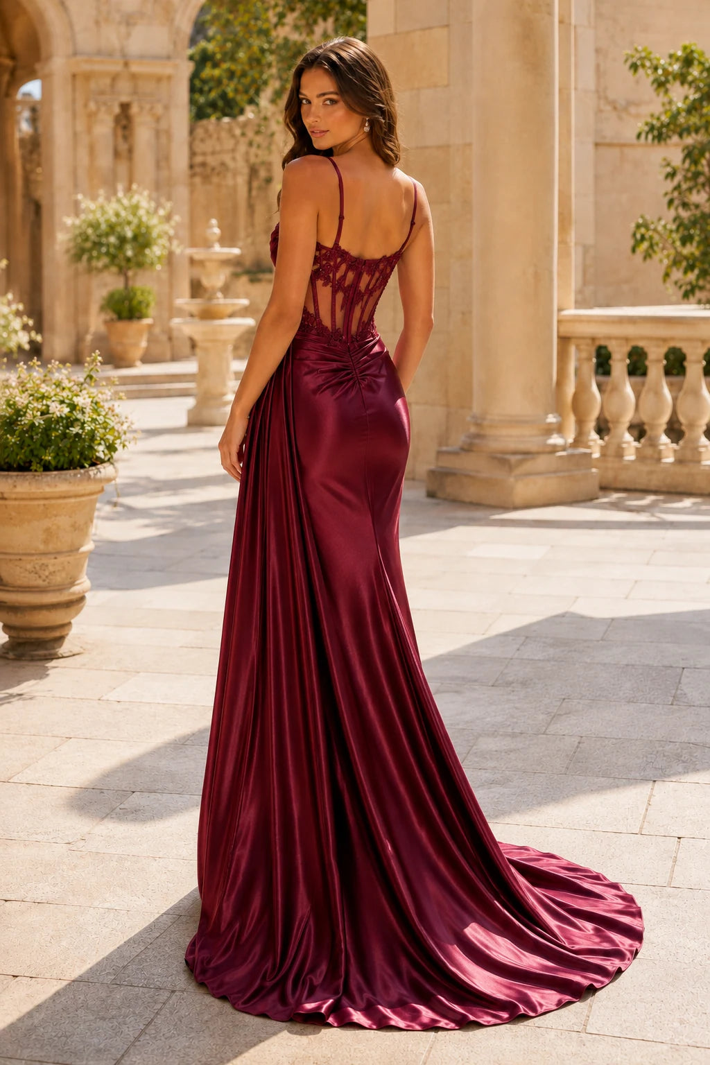 Leonora Sequin Spaghetti-Strap Mermaid Prom Dress with Slit in Burgundy, back view