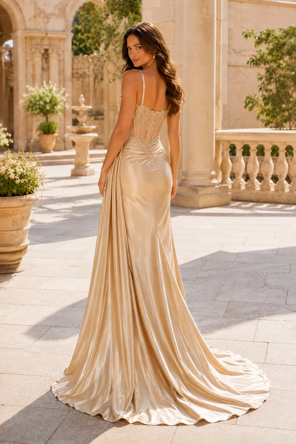 Leonora Sequin Spaghetti-Strap Mermaid Prom Dress with Slit in Champagne Gold, back view