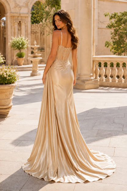 Leonora Sequin Spaghetti-Strap Mermaid Prom Dress with Slit in Champagne Gold, back view