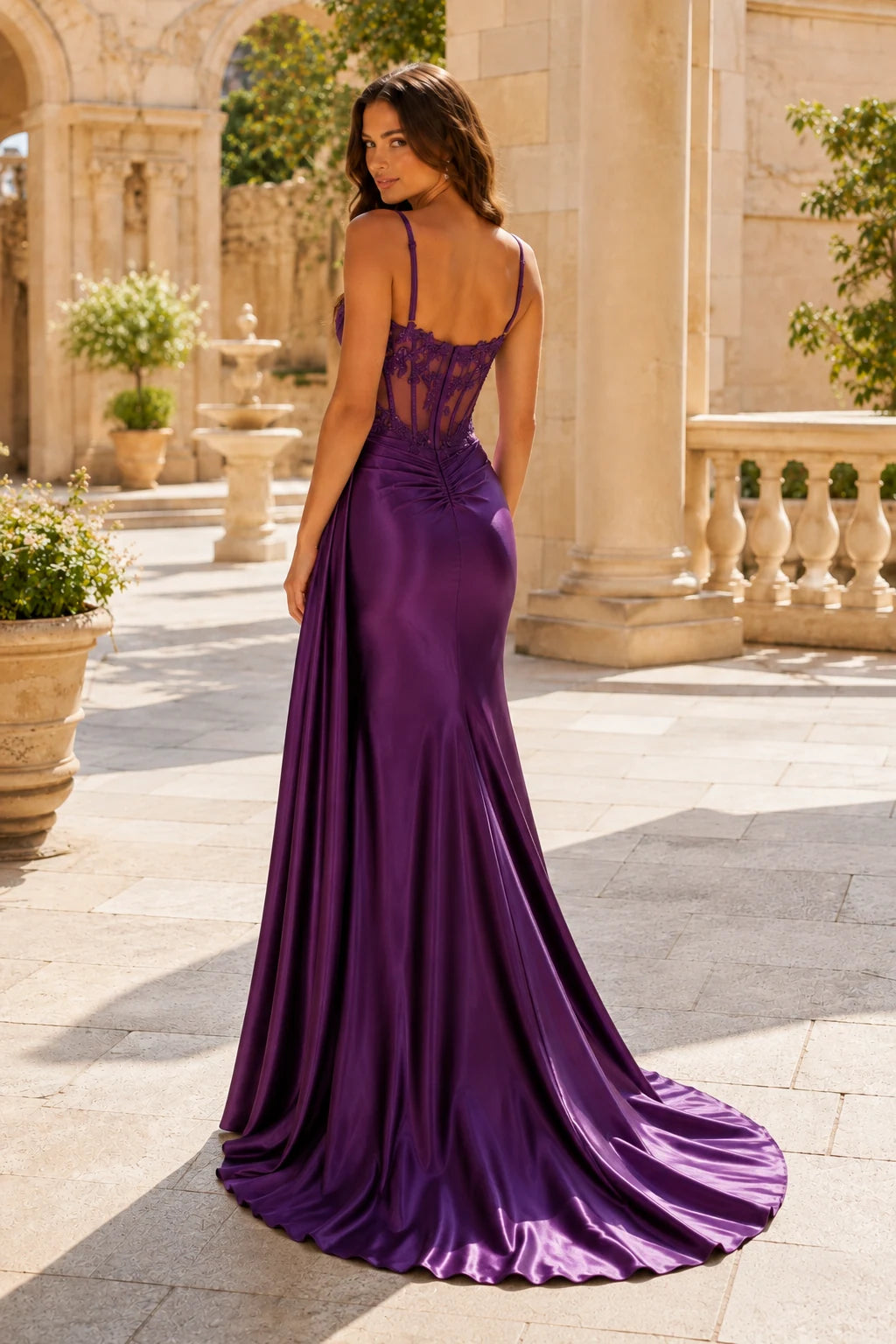 Leonora Sequin Spaghetti-Strap Mermaid Prom Dress with Slit in Gemstone Purple, back view