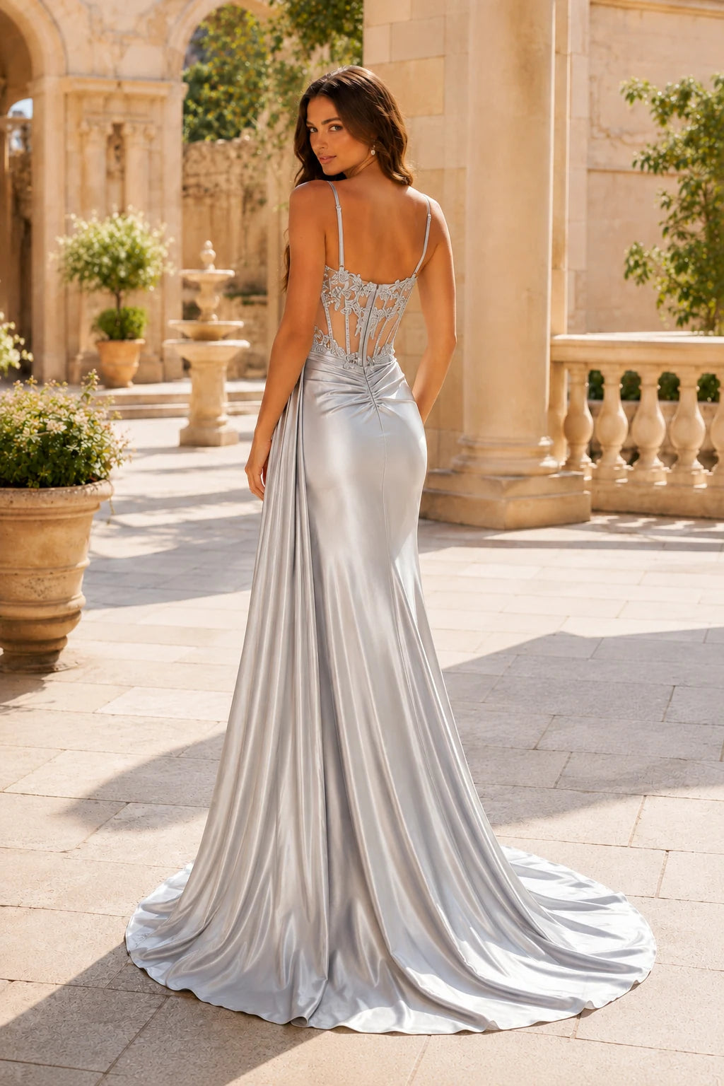 Leonora Sequin Spaghetti-Strap Mermaid Prom Dress with Slit in Metallic Silver, back view