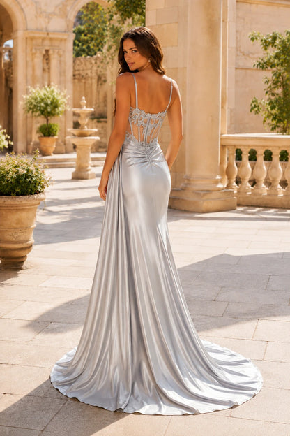 Leonora Sequin Spaghetti-Strap Mermaid Prom Dress with Slit in Metallic Silver, back view