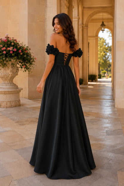 Annalise Off-the-Shoulder Floral A-Line Prom Dress in Black, back view