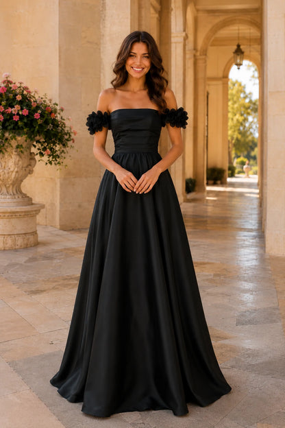 Annalise Off-the-Shoulder Floral A-Line Prom Dress in Black, front view