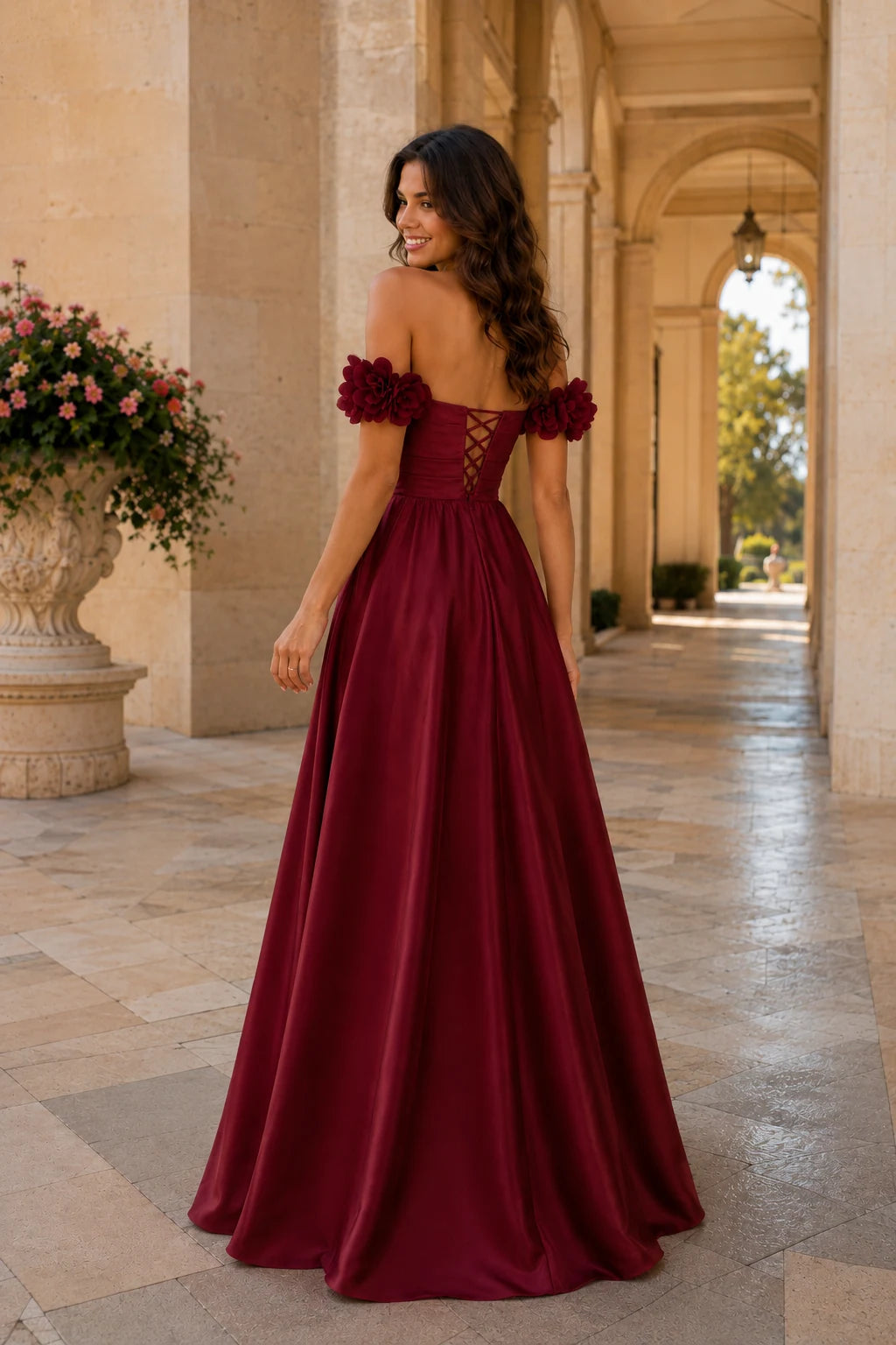 Annalise Off-the-Shoulder Floral A-Line Prom Dress in Burgundy, back view