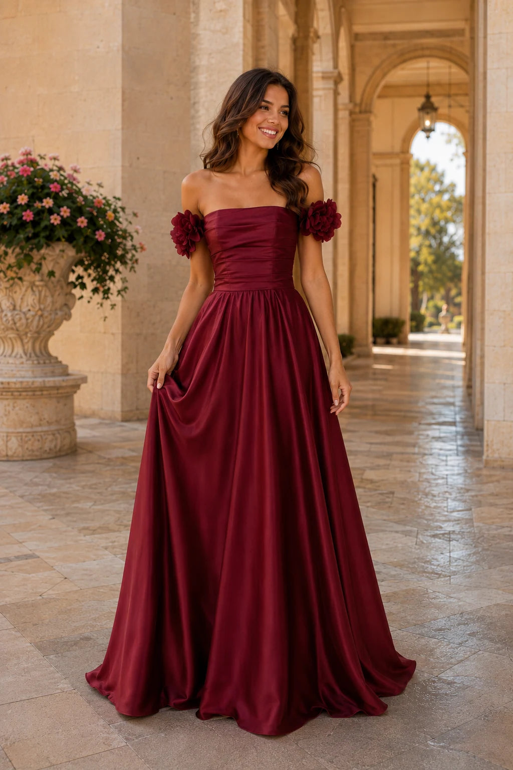 Annalise Off-the-Shoulder Floral A-Line Prom Dress in Burgundy, front view