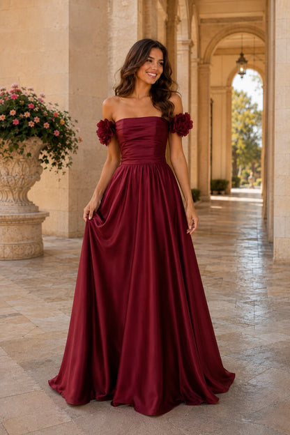 Annalise Off-the-Shoulder Floral A-Line Prom Dress in Burgundy, front view
