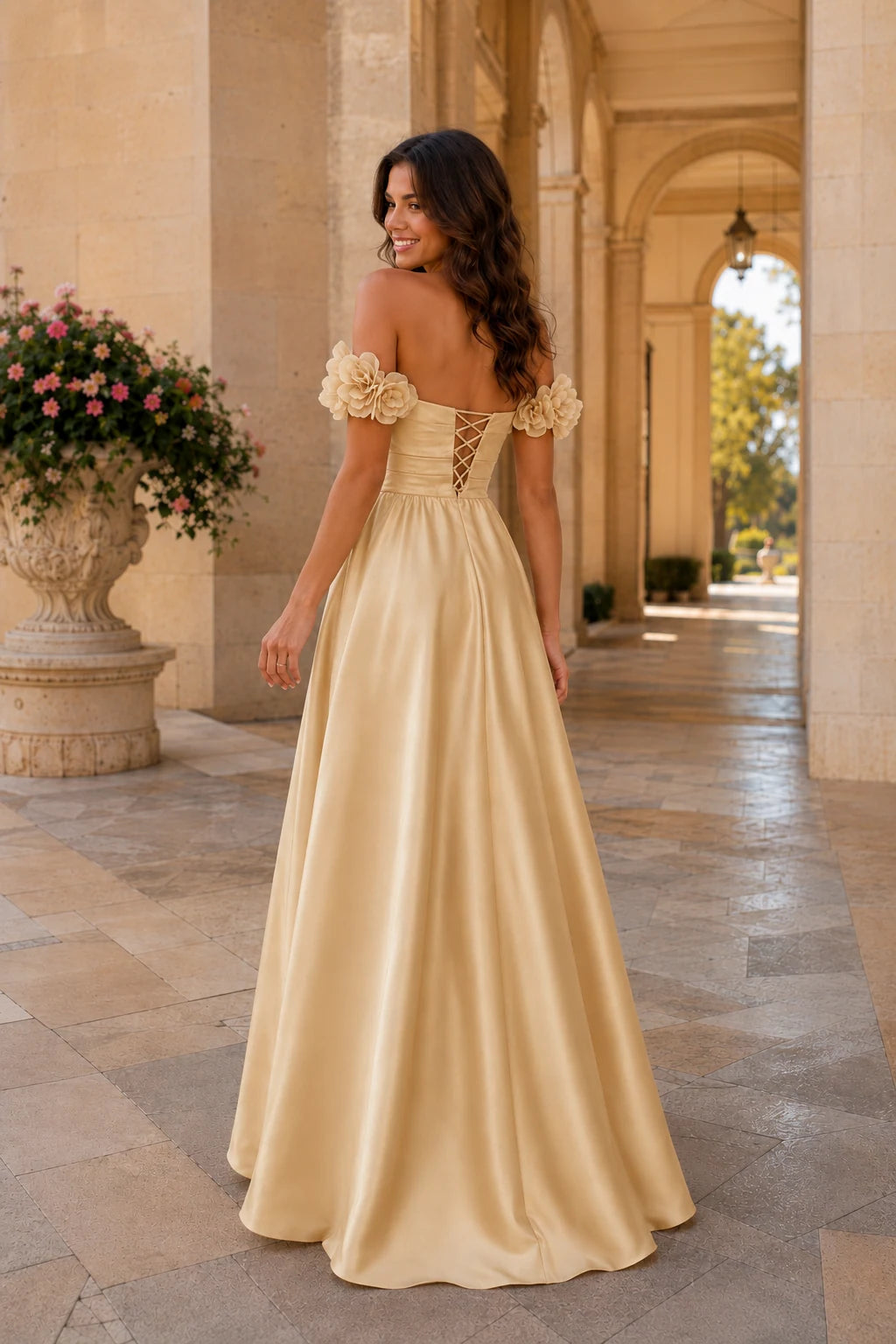 Annalise Off-the-Shoulder Floral A-Line Prom Dress in Champagne Gold, back view