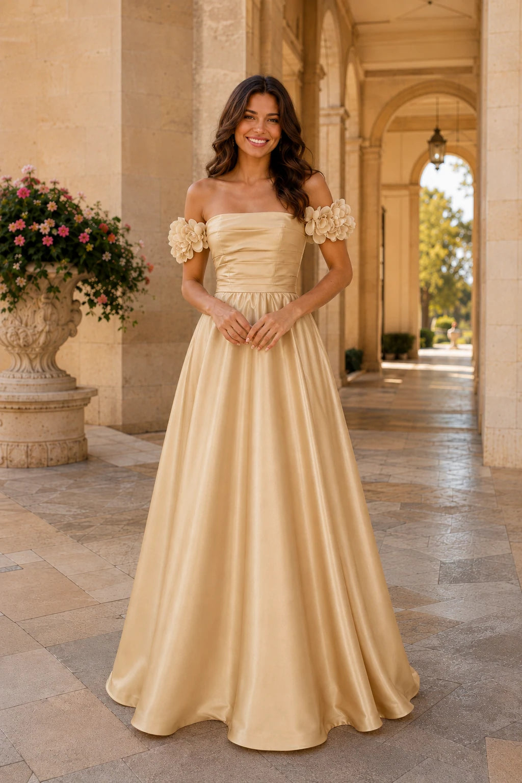 Annalise Off-the-Shoulder Floral A-Line Prom Dress in Champagne Gold, front view