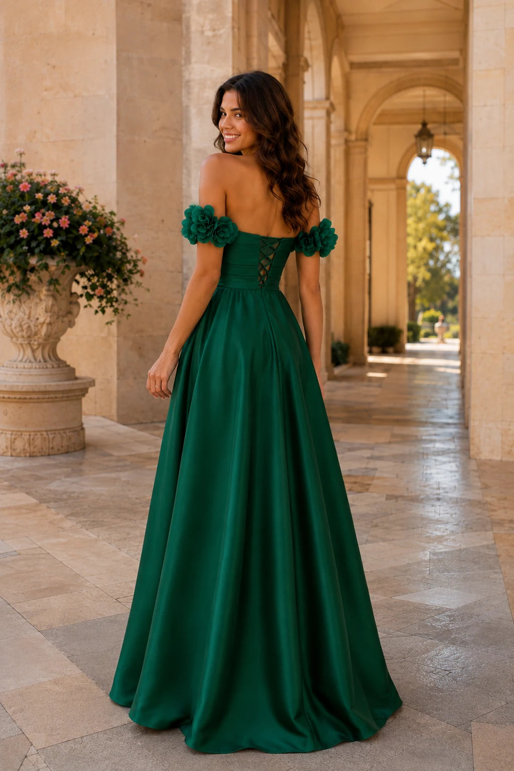 Annalise Off-the-Shoulder Floral A-Line Prom Dress in Emerald Green, back view