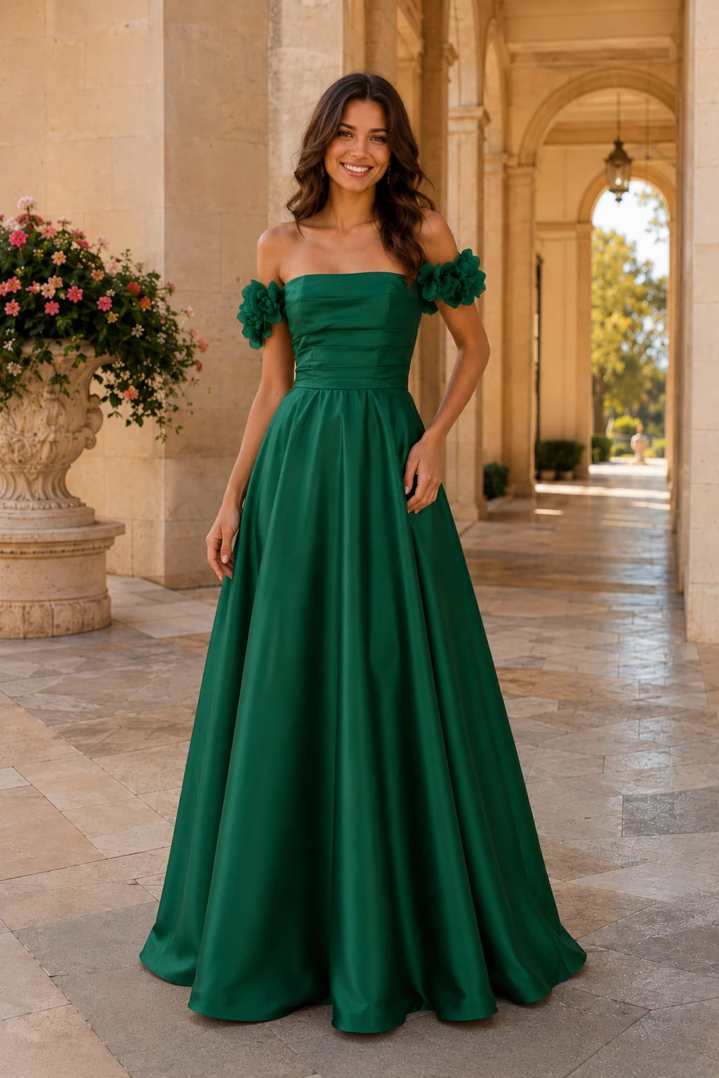 Annalise Off-the-Shoulder Floral A-Line Prom Dress in Emerald Green, front view