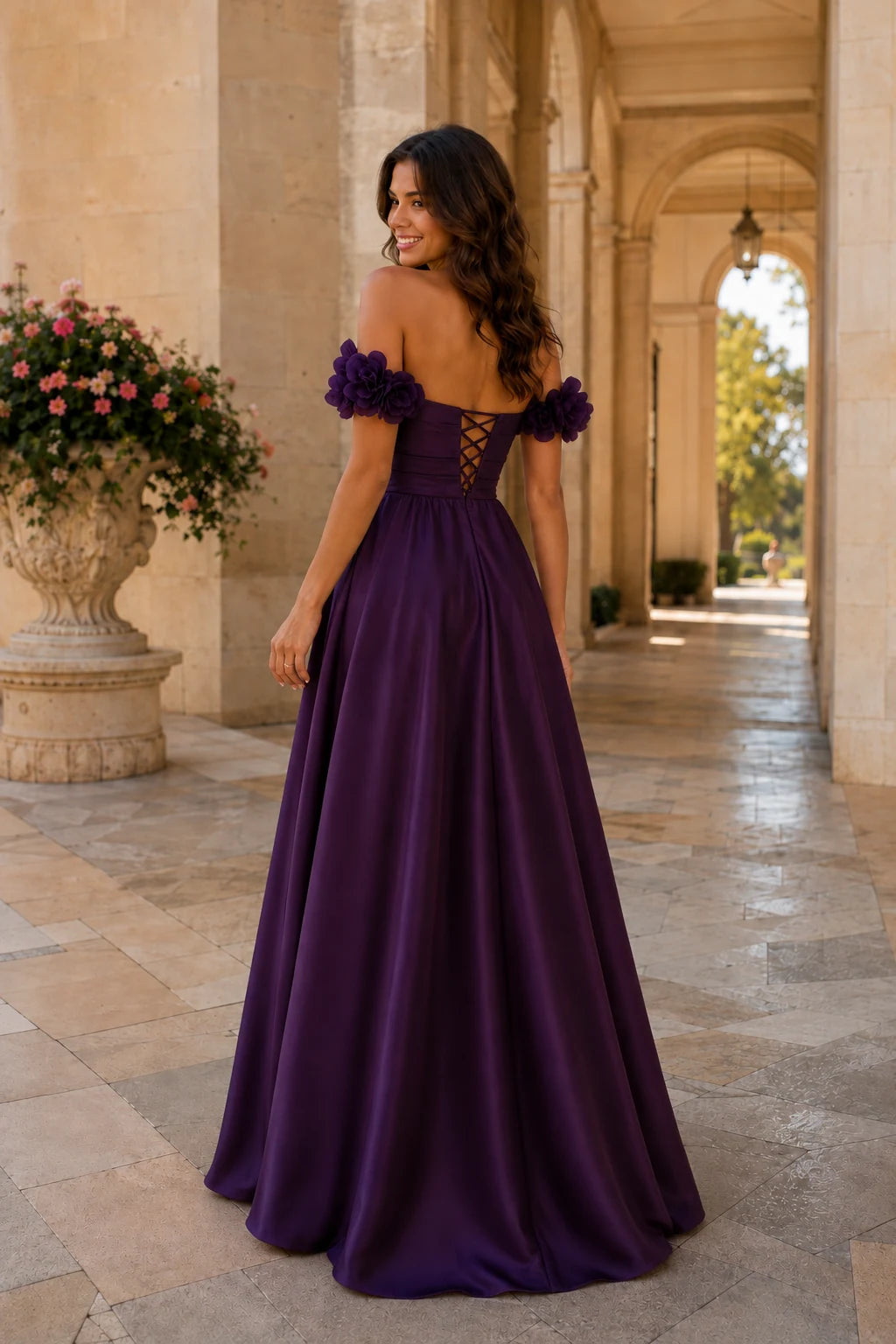 Annalise Off-the-Shoulder Floral A-Line Prom Dress in Gemstone Purple, back view