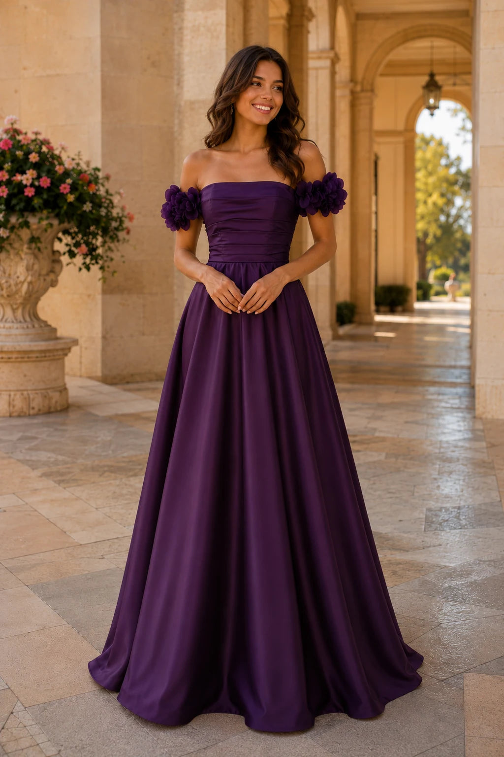 Annalise Off-the-Shoulder Floral A-Line Prom Dress in Gemstone Purple, front view