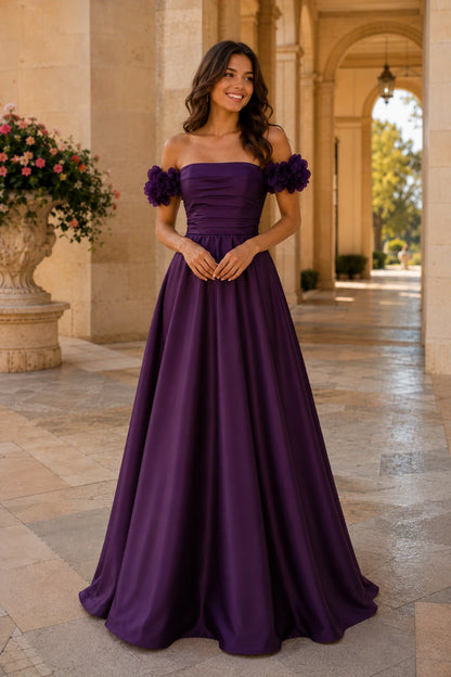 Annalise Off-the-Shoulder Floral A-Line Prom Dress in Gemstone Purple, front view