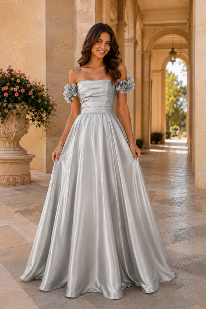 Annalise Off-the-Shoulder Floral A-Line Prom Dress in Metallic Silver, front view