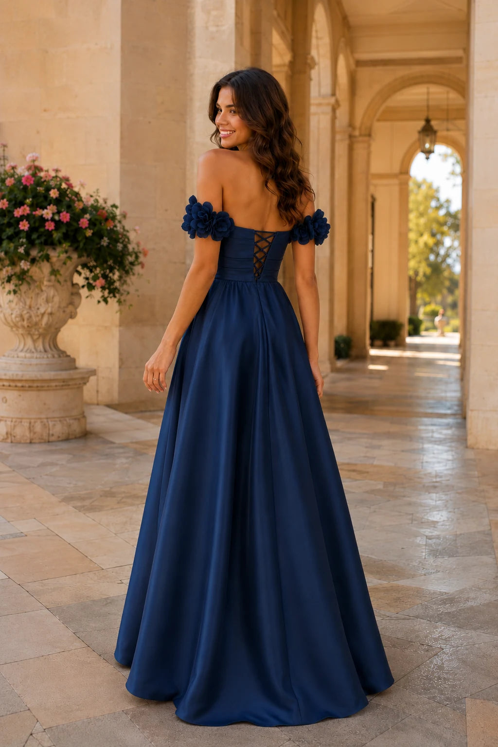 Annalise Off-the-Shoulder Floral A-Line Prom Dress in Midnight Navy, back view