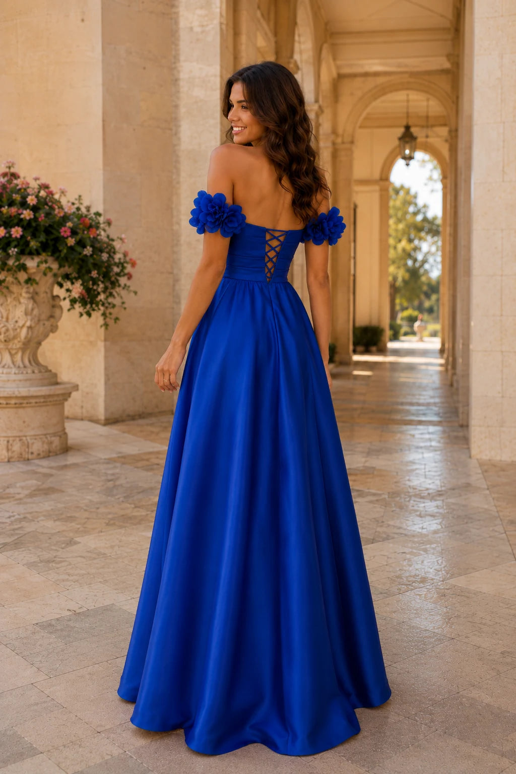 Annalise Off-the-Shoulder Floral A-Line Prom Dress in Royal Blue, back view