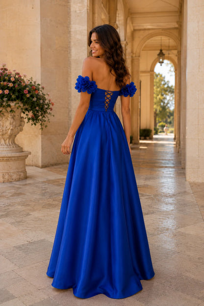 Annalise Off-the-Shoulder Floral A-Line Prom Dress in Royal Blue, back view