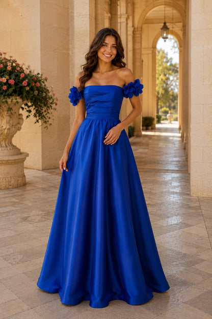 Annalise Off-the-Shoulder Floral A-Line Prom Dress in Royal Blue, front view