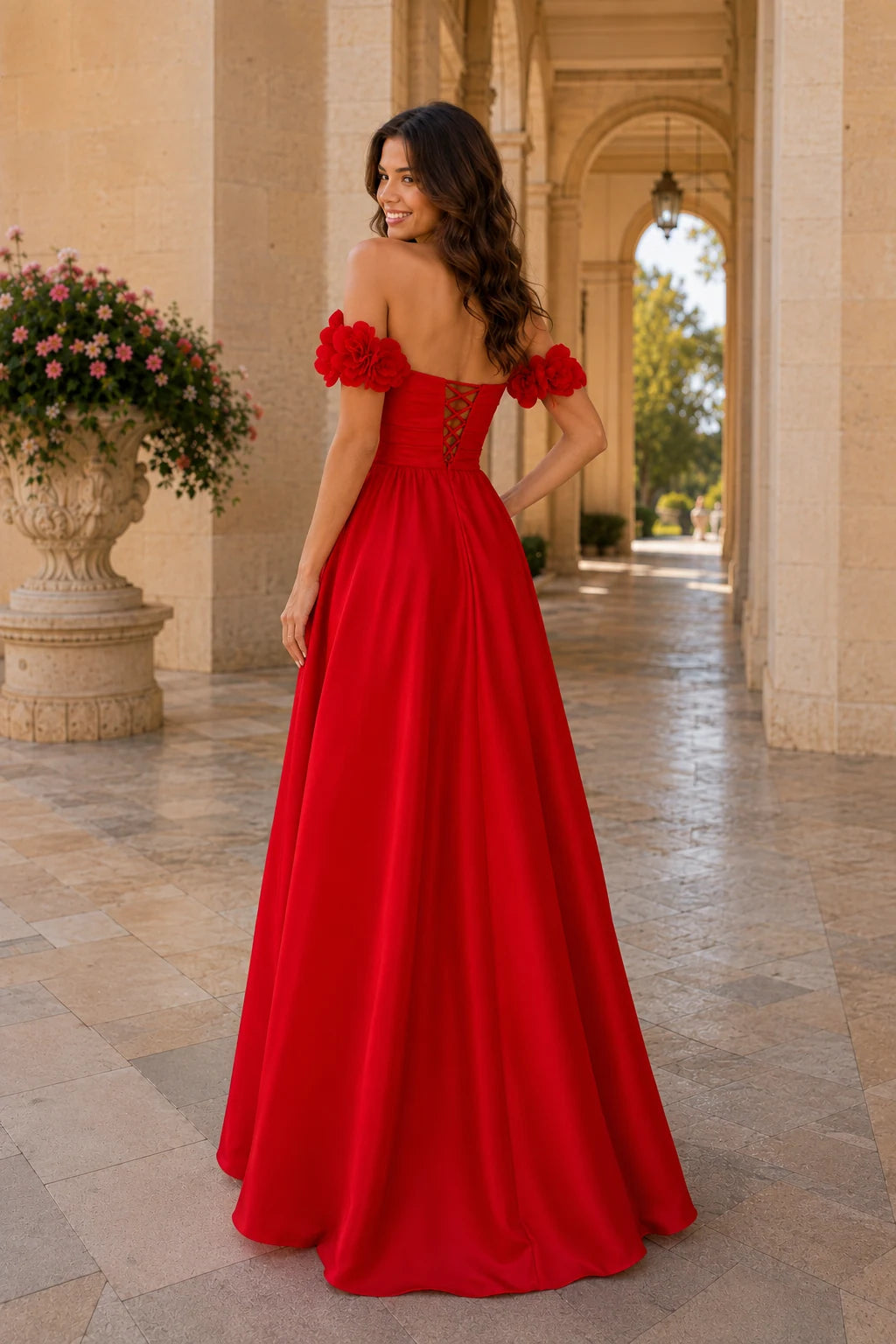 Annalise Off-the-Shoulder Floral A-Line Prom Dress in True Red, back view