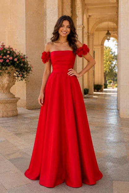 Annalise Off-the-Shoulder Floral A-Line Prom Dress in True Red, front view