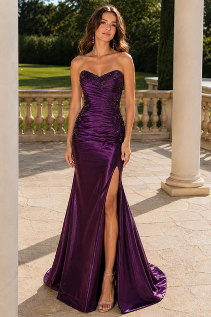 Theodora Strapless Corset Mermaid Prom Dress with Slit in Gemstone Purple, front view