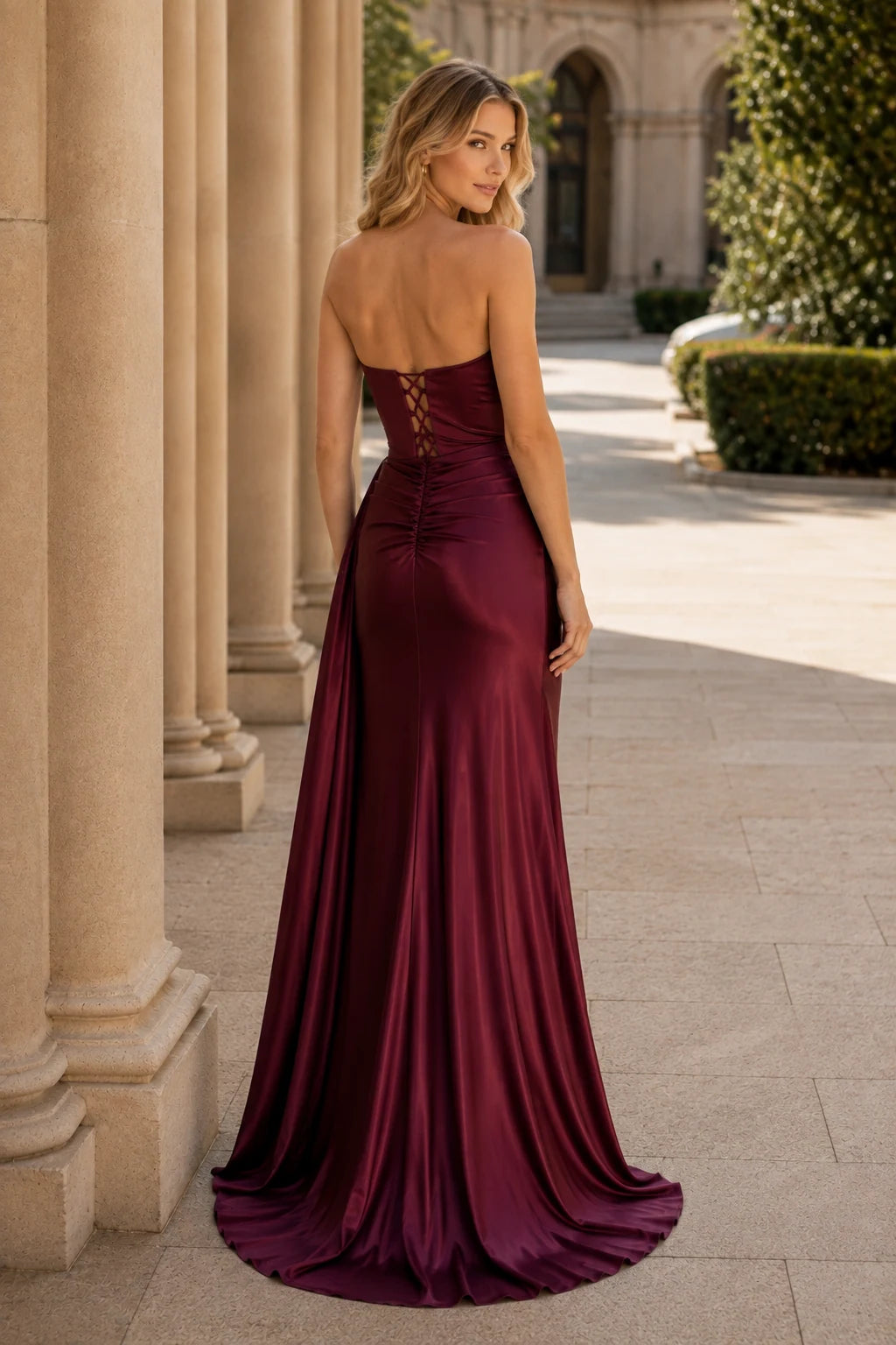 Rosamund Strapless Satin Mermaid Prom Dress with Slit in Burgundy, back view