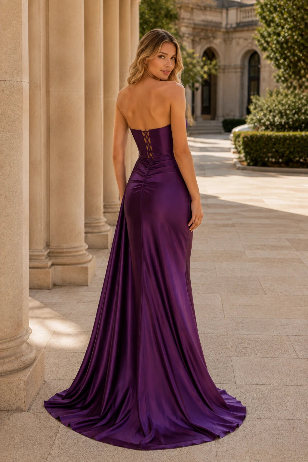 Rosamund Strapless Satin Mermaid Prom Dress with Slit in Gemstone Purple, back view