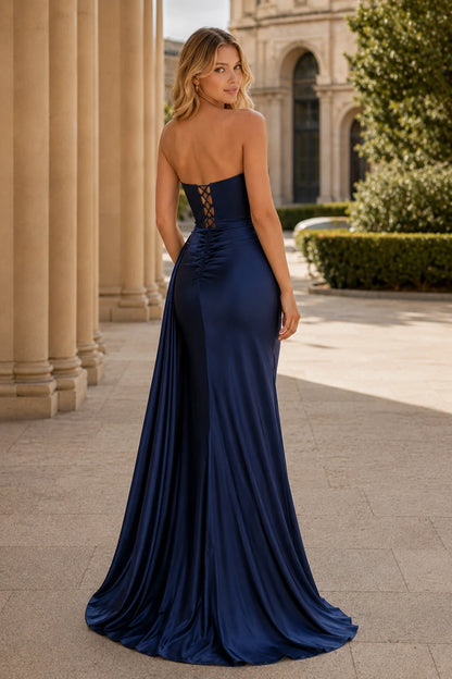 Rosamund Strapless Satin Mermaid Prom Dress with Slit in Midnight Navy, back view